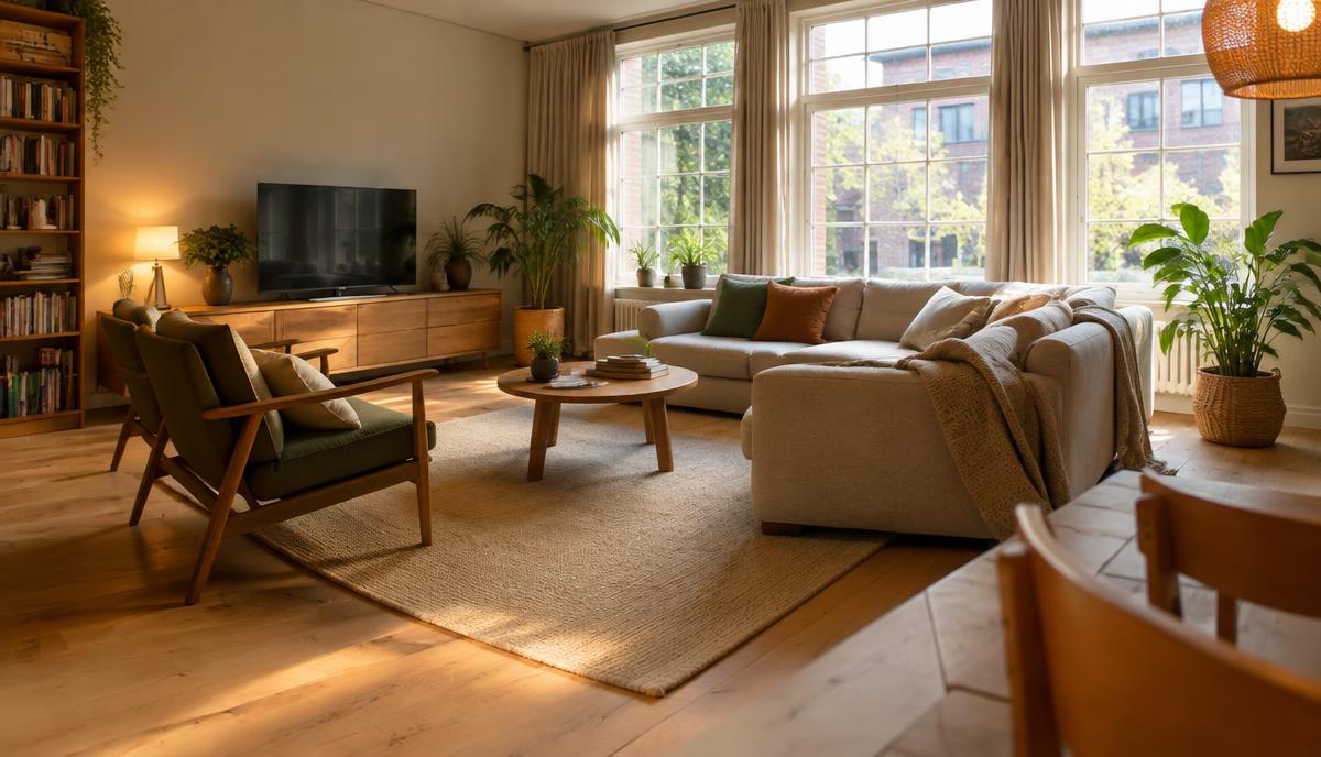 Lichte woonkamer met vloerverwarming, planten en grote ramen